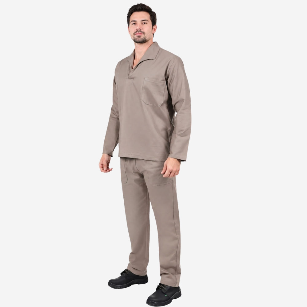 Conjunto Calça e Camisa Manga Longa de Brim Elástico Total Cinza 100% Algodão com Proteção UV FPS 50+
