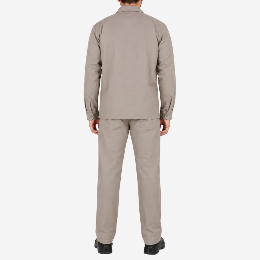 Conjunto Calça e Camisa Manga Longa de Brim Elástico Total Cinza 100% Algodão com Proteção UV FPS 50+