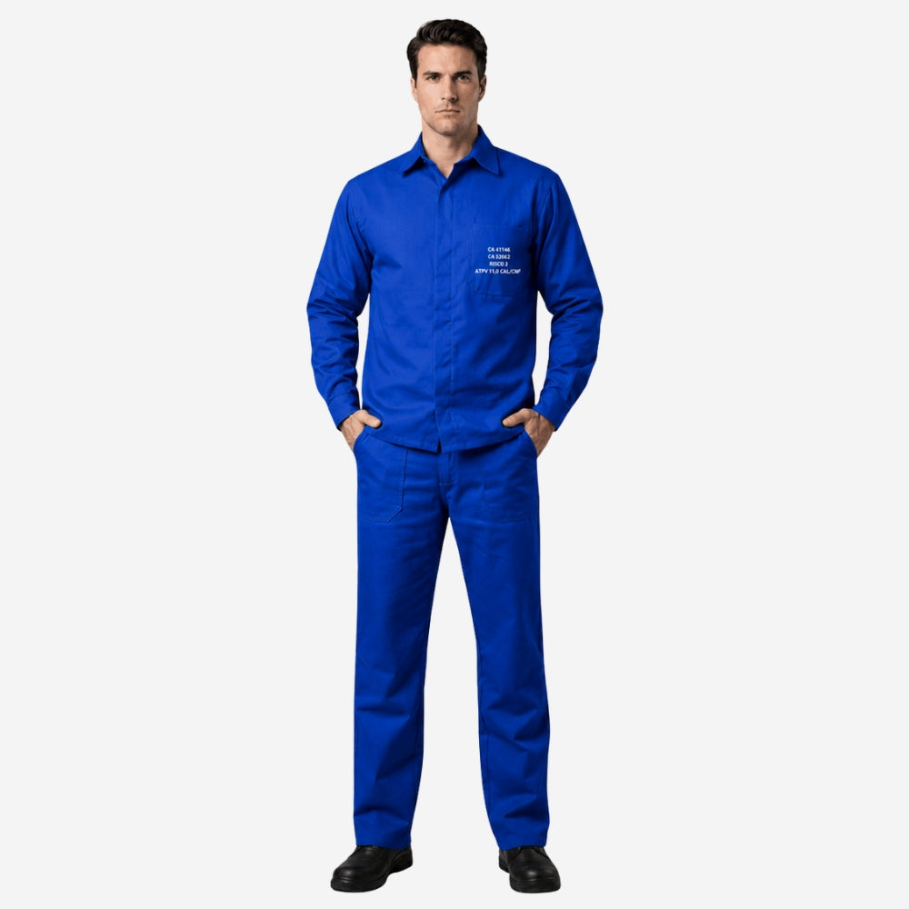 Conjunto Calça e Camisa NR10 Risco II ATPV 12,0 Manga Longa Azul Royal 100% Algodão Anti-chama Eqpro C.A 41146/41147