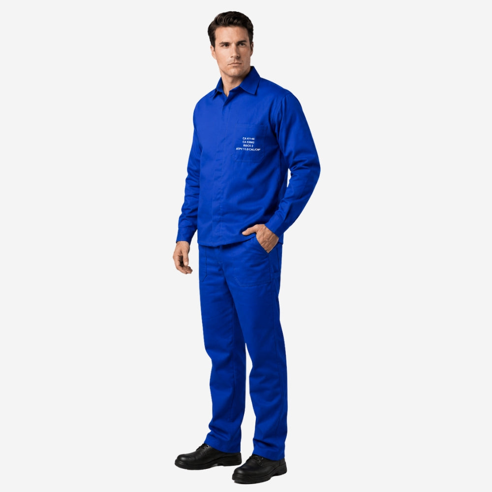 Conjunto Calça e Camisa NR10 Risco II ATPV 12,0 Manga Longa Azul Royal 100% Algodão Anti-chama Eqpro C.A 41146/41147