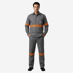 Conjunto Calça e Camisa NR10 Risco II ATPV 12,0 Manga Longa Cinza 100% Algodão Anti-chama Com Faixas Refletivas Laranjas Eqpro C.A 41146 / 41147