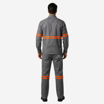 Conjunto Calça e Camisa NR10 Risco II ATPV 12,0 Manga Longa Cinza 100% Algodão Anti-chama Com Faixas Refletivas Laranjas Eqpro C.A 41146 / 41147