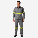 Conjunto Calça e Camisa NR10 Risco II ATPV 12,0 Manga Longa Cinza 100% Algodão Com Faixas Refletivas Amarelas Anti-chama Eqpro C.A 41146/41147