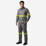 Conjunto Calça e Camisa NR10 Risco II ATPV 12,0 Manga Longa Cinza 100% Algodão Com Faixas Refletivas Amarelas Anti-chama Eqpro C.A 41146/41147