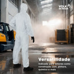 Macacão de Segurança Tecido Não Tecido Branco Capuz em Duas Peças Fechamento em Zíper Com Punho e Tornozelo Ajustável Volk Covertech 100 18.86.111.06 C.A 39183