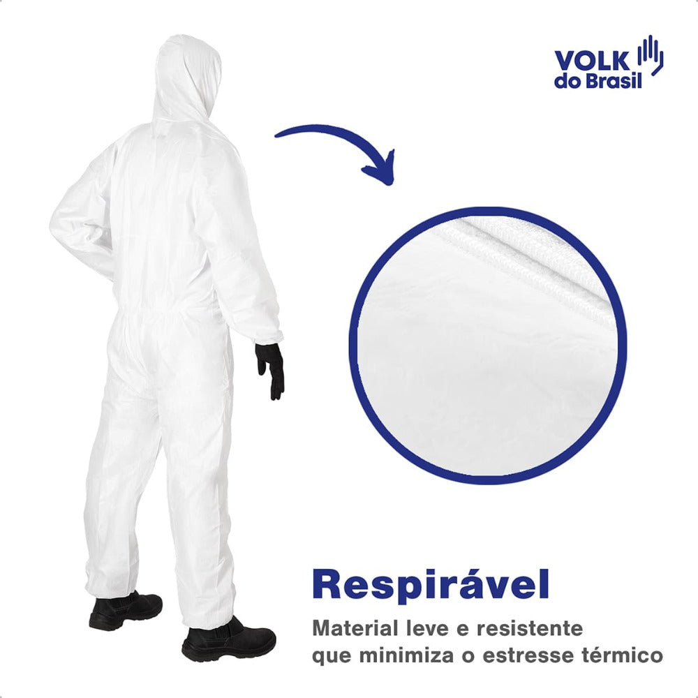 Macacão de Segurança Tecido Não Tecido Branco Capuz em Duas Peças Fechamento em Zíper Com Punho e Tornozelo Ajustável Volk Covertech 100 18.86.111.06 C.A 39183