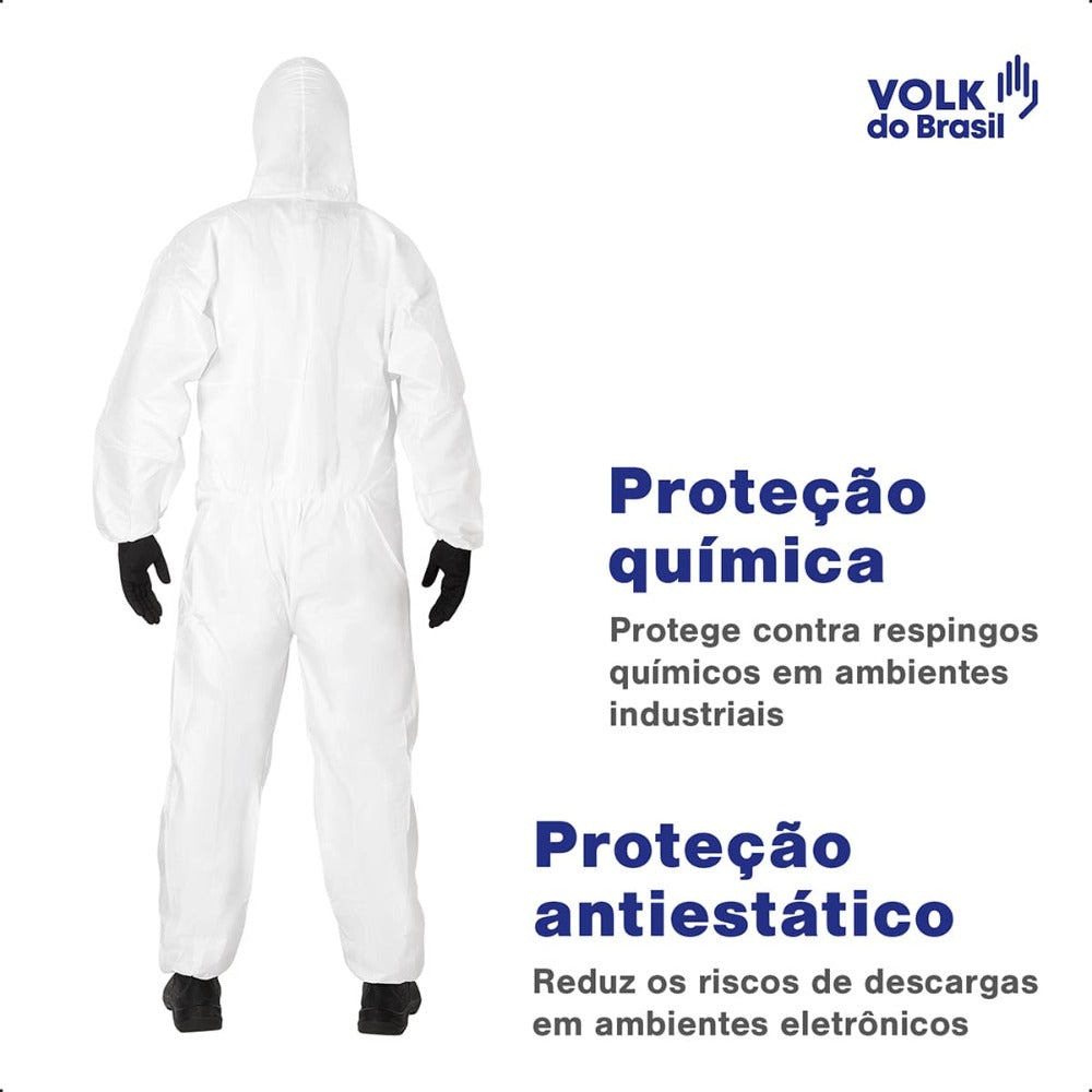 Macacão de Segurança Tecido Não Tecido Branco Capuz em Duas Peças Fechamento em Zíper Com Punho e Tornozelo Ajustável Volk Covertech 100 18.86.111.06 C.A 39183