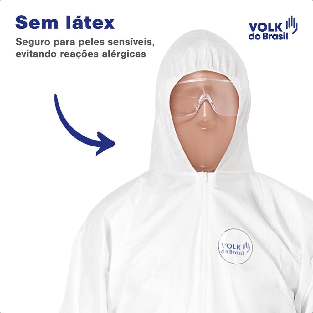 Macacão de Segurança Tecido Não Tecido Branco Capuz em Duas Peças Fechamento em Zíper Com Punho e Tornozelo Ajustável Volk Covertech 100 18.86.111.06 C.A 39183
