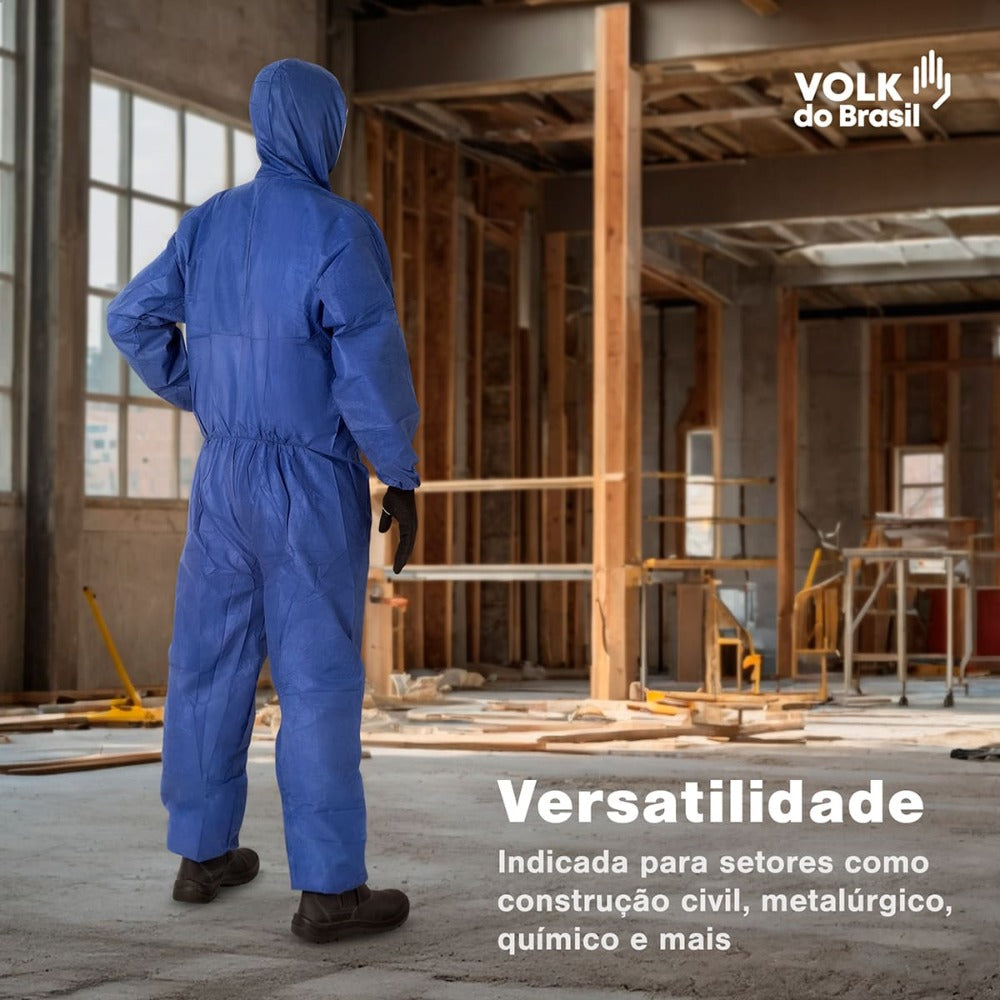 Macacão de Segurança Tecido Não Tecido Azul Capuz de Três Peças Fechamento em Zíper com Aba Protetora Punho e Tornozelo Ajustável Volk Covertech 200 18.87.111.02 C.A 39299
