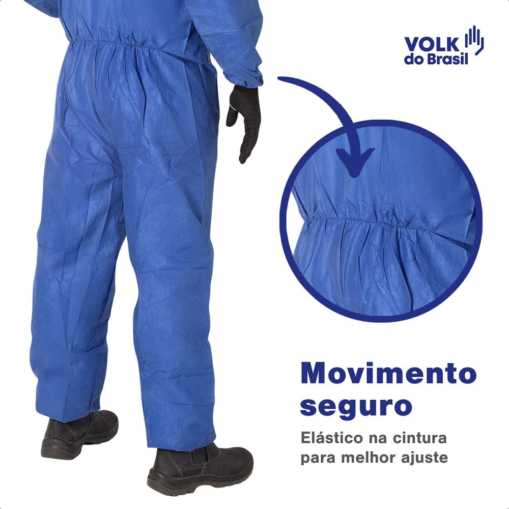 Macacão de Segurança Tecido Não Tecido Azul Capuz de Três Peças Fechamento em Zíper com Aba Protetora Punho e Tornozelo Ajustável Volk Covertech 200 18.87.111.02 C.A 39299