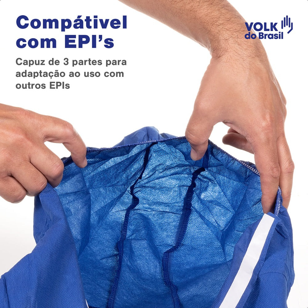 Macacão de Segurança Tecido Não Tecido Azul Capuz de Três Peças Fechamento em Zíper com Aba Protetora Punho e Tornozelo Ajustável Volk Covertech 200 18.87.111.02 C.A 39299