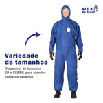 Macacão de Segurança Tecido Não Tecido Azul Capuz de Três Peças Fechamento em Zíper com Aba Protetora Punho e Tornozelo Ajustável Volk Covertech 200 18.87.111.02 C.A 39299