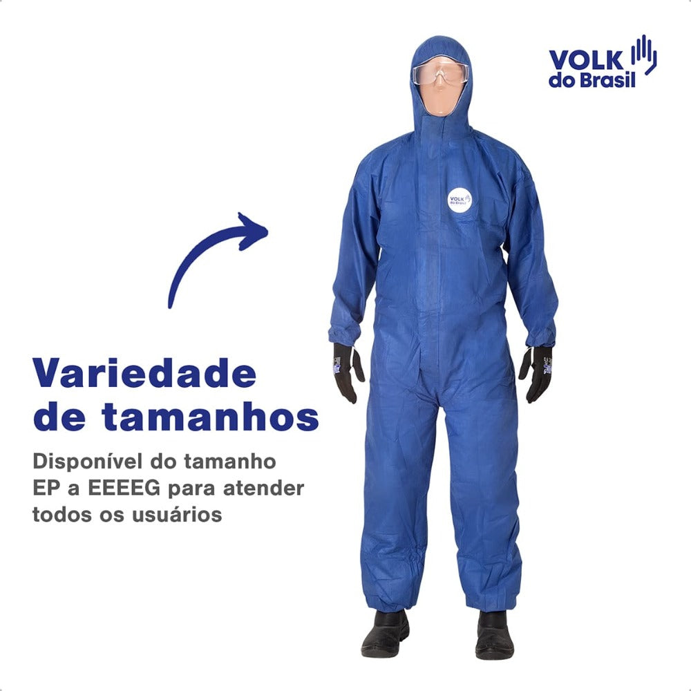 Macacão de Segurança Tecido Não Tecido Azul Capuz de Três Peças Fechamento em Zíper com Aba Protetora Punho e Tornozelo Ajustável Volk Covertech 200 18.87.111.02 C.A 39299