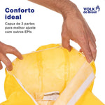 Macacão de Segurança Produtos Químicos Agrotóxicos Tecido Não Tecido Amarelo Capuz de Três Peças Fechamento em Zíper Com Aba Protetora Punho Ajustável Volk Covertech 300 18.88.112.01 C.A 39182