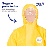 Macacão de Segurança Produtos Químicos Agrotóxicos Tecido Não Tecido Amarelo Capuz de Três Peças Fechamento em Zíper Com Aba Protetora Punho Ajustável Volk Covertech 300 18.88.112.01 C.A 39182