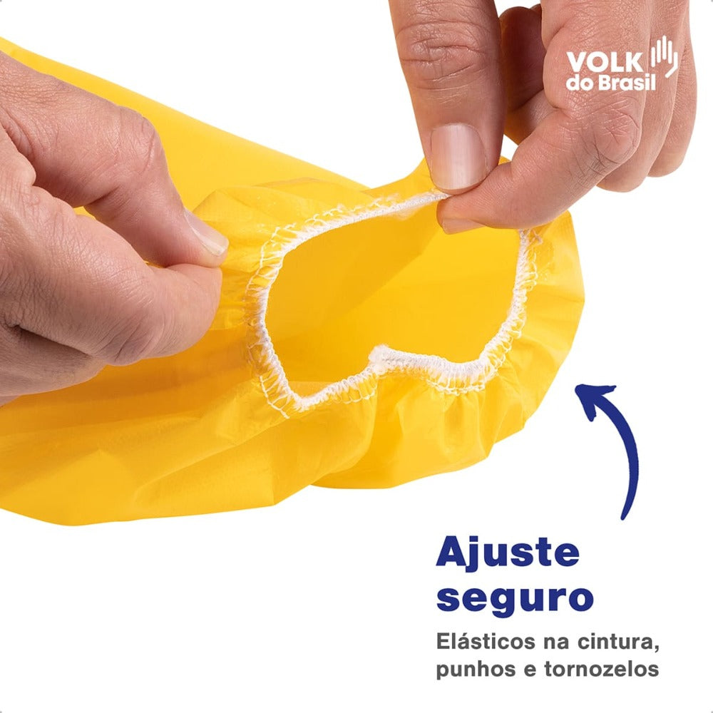 Macacão de Segurança Produtos Químicos Agrotóxicos Tecido Não Tecido Amarelo Capuz de Três Peças Fechamento em Zíper Com Aba Protetora Punho Ajustável Volk Covertech 300 18.88.112.01 C.A 39182