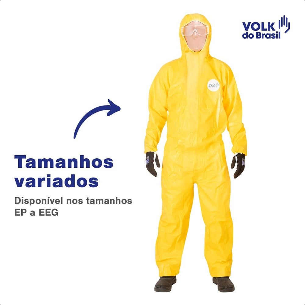 Macacão de Segurança Produtos Químicos Agrotóxicos Tecido Não Tecido Amarelo Capuz de Três Peças Fechamento em Zíper Com Aba Protetora Punho Ajustável Volk Covertech 300 18.88.112.01 C.A 39182