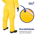 Macacão de Segurança Produtos Químicos Agrotóxicos Tecido Não Tecido Amarelo Capuz de Três Peças Fechamento em Zíper Com Aba Protetora Punho Ajustável Volk Covertech 300 18.88.112.01 C.A 39182
