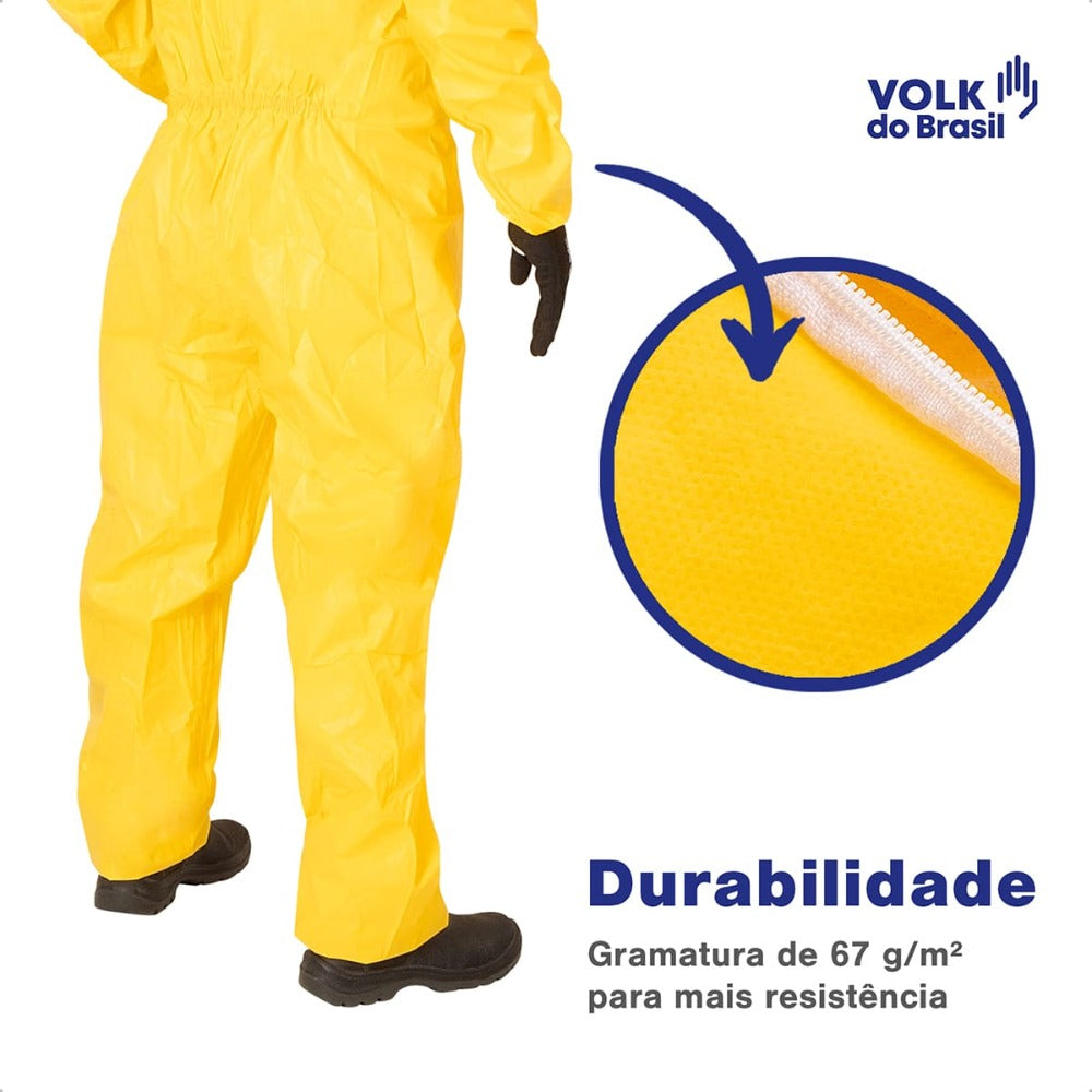 Macacão de Segurança Produtos Químicos Agrotóxicos Tecido Não Tecido Amarelo Capuz de Três Peças Fechamento em Zíper Com Aba Protetora Punho Ajustável Volk Covertech 300 18.88.112.01 C.A 39182