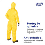 Macacão de Segurança Produtos Químicos Agrotóxicos Tecido Não Tecido Amarelo Capuz de Três Peças Fechamento em Zíper Com Aba Protetora Punho Ajustável Volk Covertech 300 18.88.112.01 C.A 39182