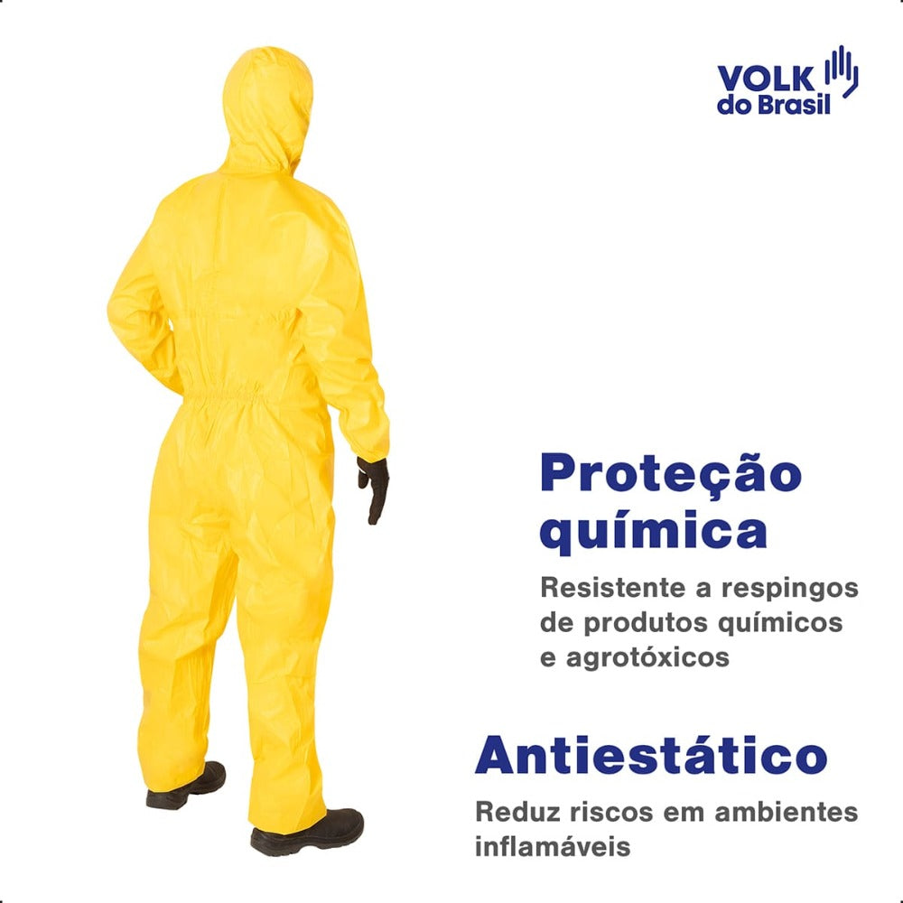 Macacão de Segurança Produtos Químicos Agrotóxicos Tecido Não Tecido Amarelo Capuz de Três Peças Fechamento em Zíper Com Aba Protetora Punho Ajustável Volk Covertech 300 18.88.112.01 C.A 39182