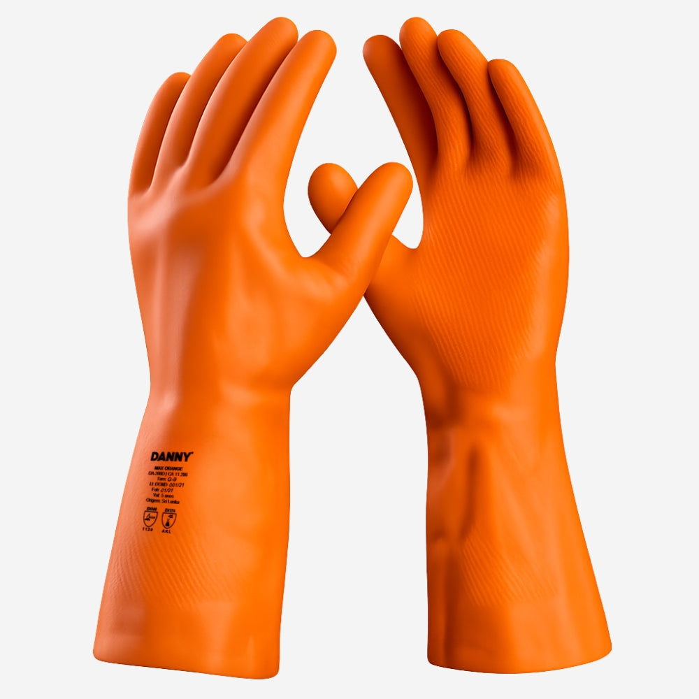 Luva de Proteção Limpeza Produtos Químicos Látex Reforçado Laranja Danny Max Orange DA-208D CA 11286