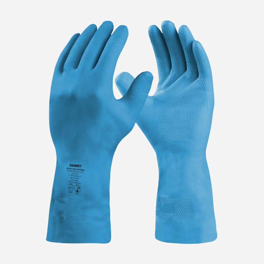 Luva de Proteção Limpeza Produtos Químicos Látex Natural Azul Interior em Verniz de Borracha Nitrílica Danny DA-350 CA 14754