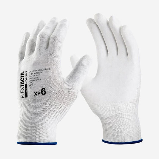 Luva de Proteção Multitato Abrasão Antiestática Tricotada em Nylon e Poliuretano Branco Danny Flextáctil DA-12.100BR C.A. 29014