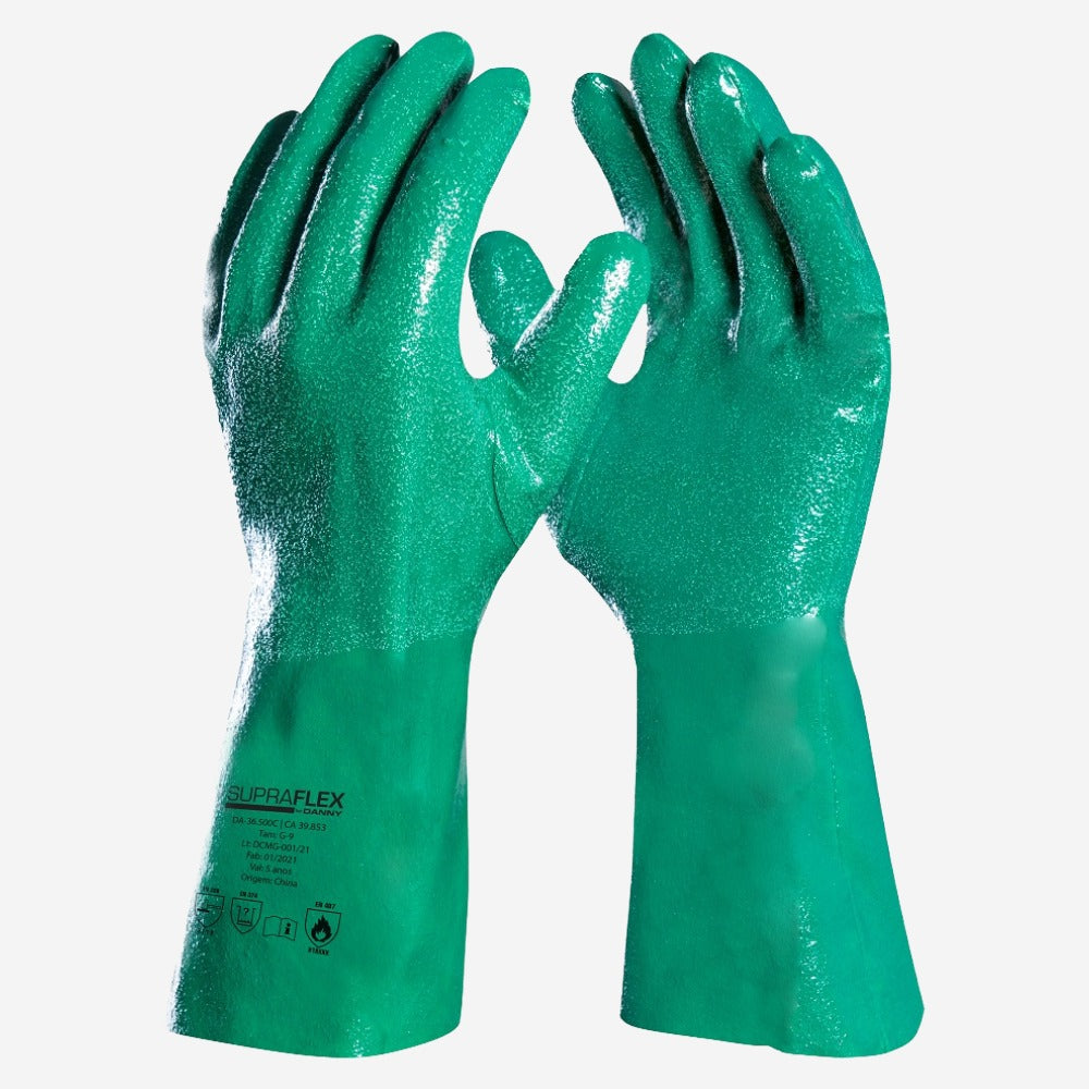 Luva de Proteção Produtos Químicos Altas Temperaturas Até 100º C Algodão com Banho Nitrílico Verde Danny Supraflex DA-36.500C C.A 39853