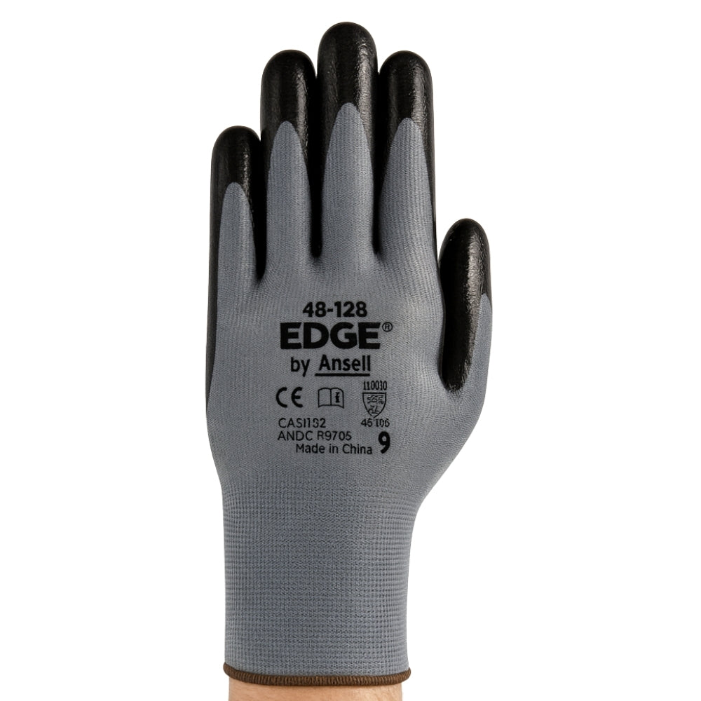 Luva de Proteção Multiuso Abrasao Óleo Tricotada Banho Nitrílico Cinza e Preta Ansell EDGE 48-128 CA 38312