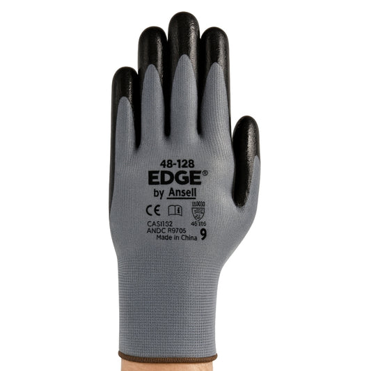 Luva de Proteção Multiuso Abrasao Óleo Tricotada Banho Nitrílico Cinza e Preta Ansell EDGE 48-128 CA 38312