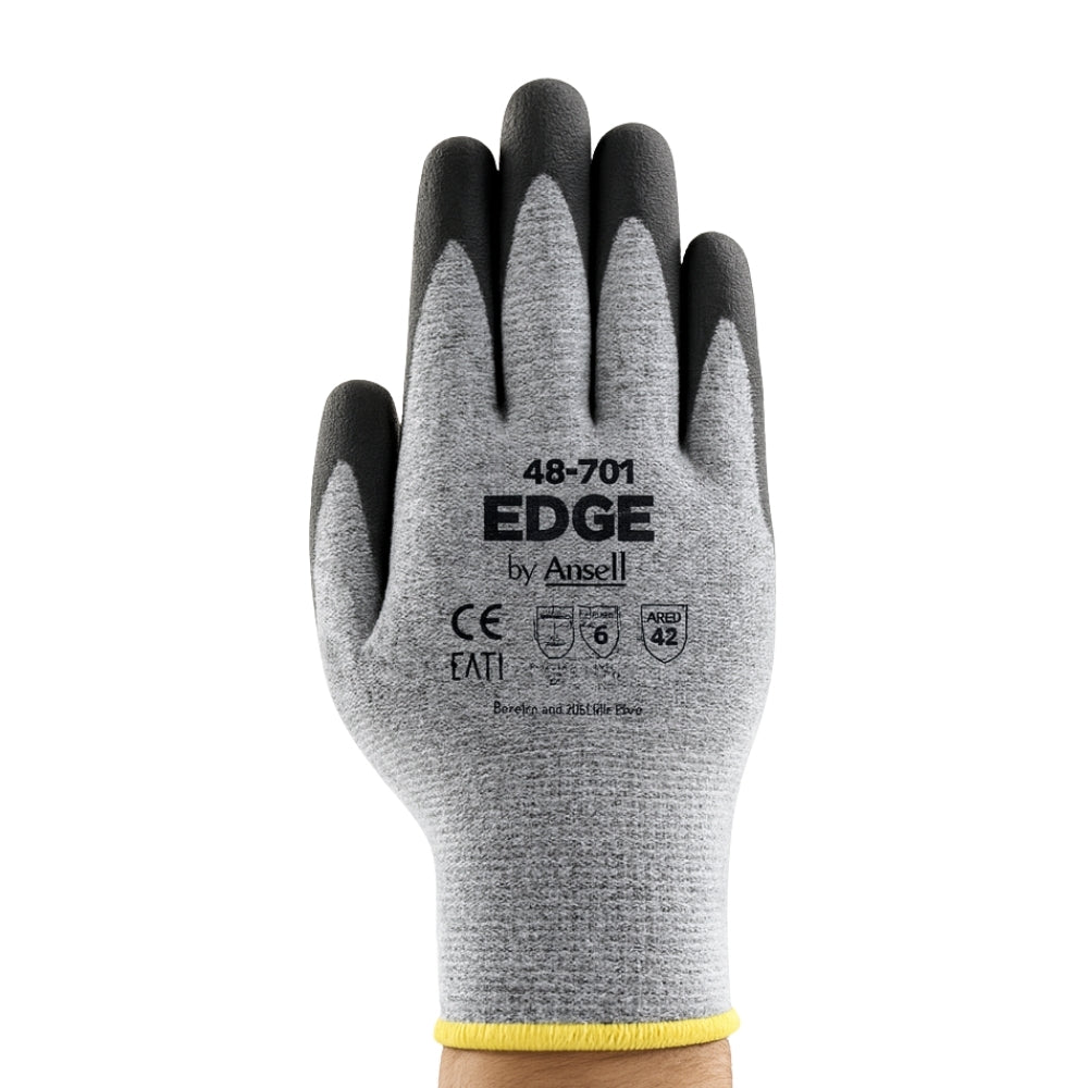 Luva de Proteção Anticorte Abrasão Óleo Tricotada Poliuretano Cinza e Preta Ansell EDGE 48-701 CA 33859