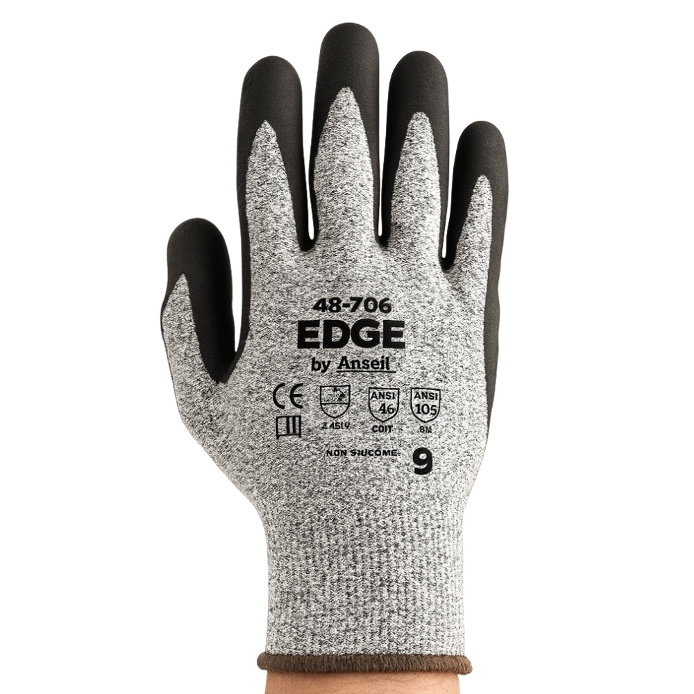 Luva de Proteção Anticorte Abrasão Tricotada Banho Espuma de Nitrilo Cinza e Preta Ansell EDGE 48-706 CA 39967