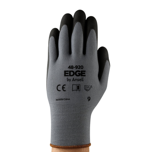 Luva de Proteção Abrasão Óleo Poliéster Banho Nitrílico Palma Cinza e Preta Ansell EDGE 48-920 CA 42940