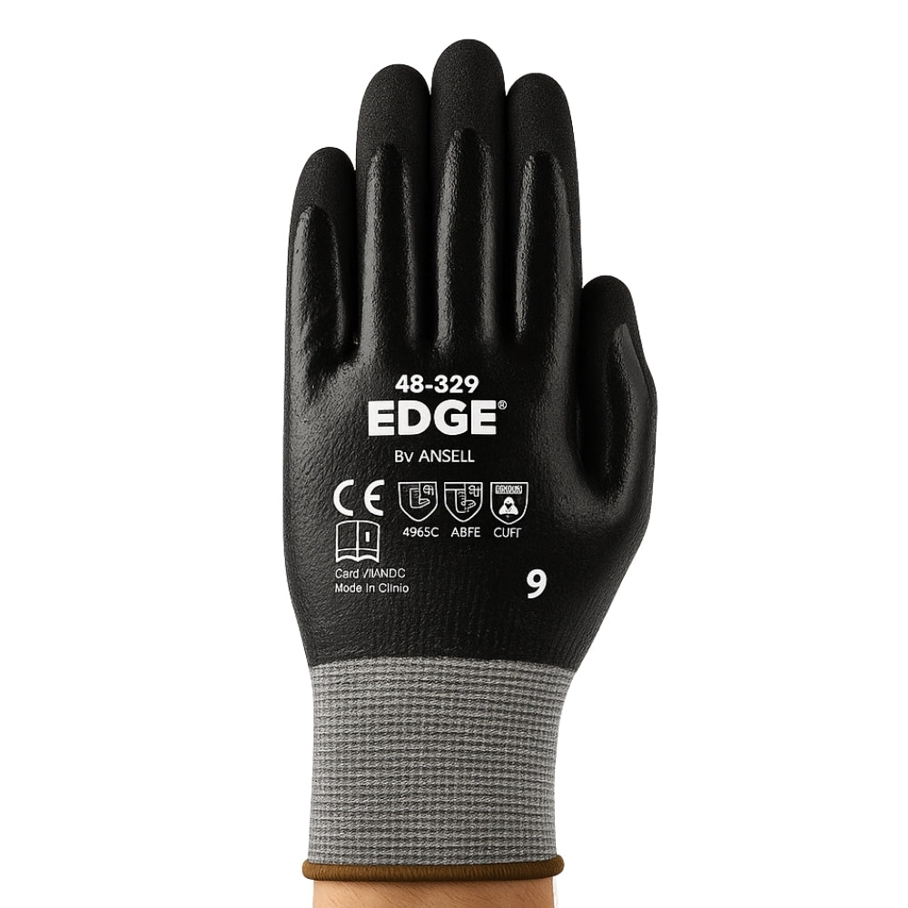 Luva de Proteção Anticorte Abrasão Óleo Tricotada Banho Total Nitrílico Preta Ansell EDGE 48-929 CA 42957