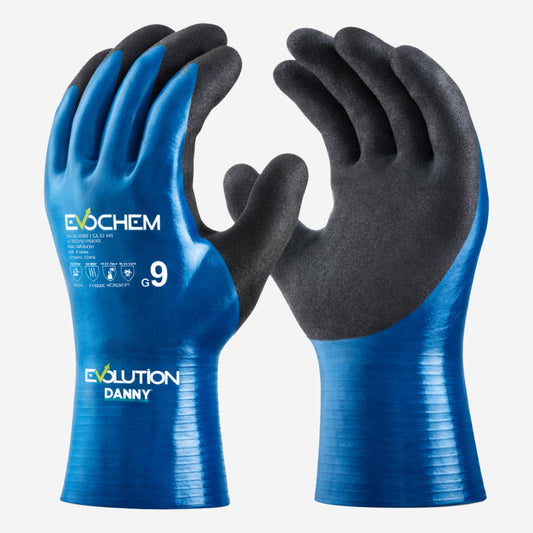 Luva de Proteção Óleos Líquidos Abrasão Nylon e Elastano Azul Com Banho Total Nitrílico Danny Evochem DA-35.426E C.A 51840