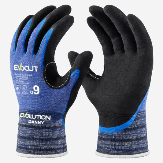 Luva de Proteção Anticorte Altas Temperaturas Até 100º C Fibra Sintética Azul Com Banho Nitrílico Na Palma Preta Danny Evocut DA-13.420E C.A 51833