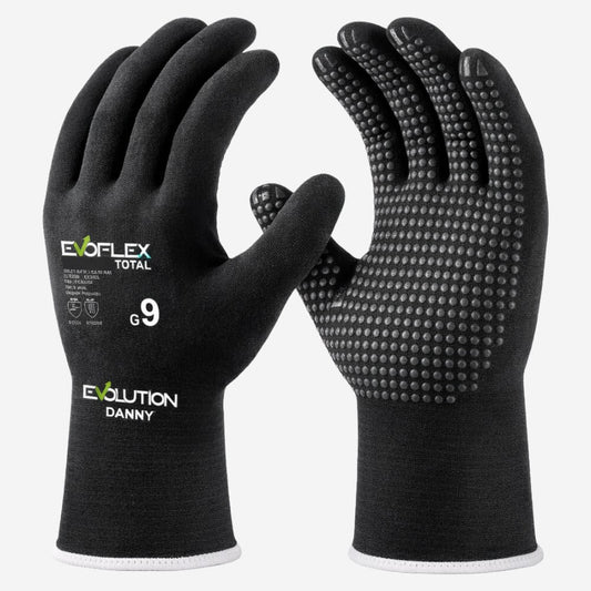 Luva de Proteção Abrasão Altas Temperaturas Até 100º C Nylon e Elastano Preto Com Banho Nitrílico na Palma Pigmentada Danny Evoflex Total DA-11.847E C.A 51830