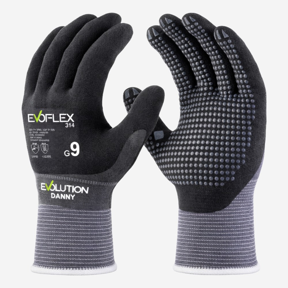 Luva de Proteção Abrasão Altas Temperaturas Até 100º C Nylon E Elastano Preto Com Banho Nitrílico 3/4 Danny Evoflex DA-11.900E C.A 51829
