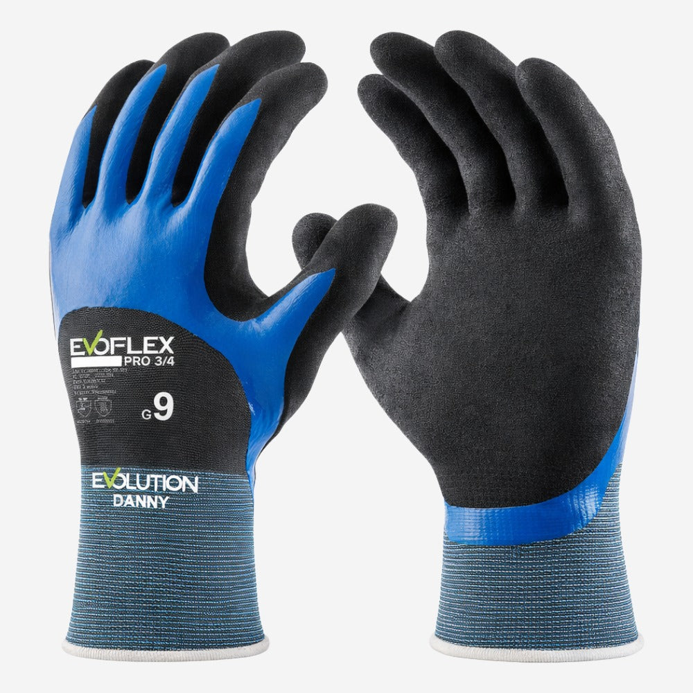 Luva de Proteção Abrasão Altas Temperaturas Até 100° C Nylon e Elastano Azul Com Banho Nitrílico 3/4 Palma Antiderrapante Danny Evoflex Pro DA-13.200E C.A 51831