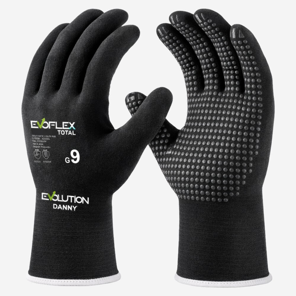 Luva de Proteção Abrasão Altas Temperaturas Até 100º C Nylon e Elastano Preto Com Banho Nitrílico na Palma Danny Evoflex DA-11.874E C.A 51832