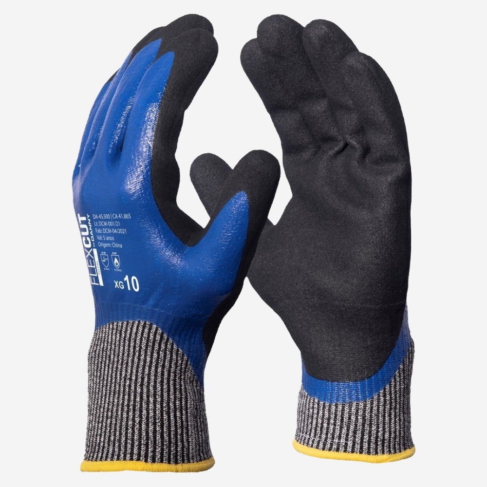 Luva de Proteção Anticorte Altas Temperaturas Até 100º C Polietileno Com Banho Total Nitrílico Azul Danny Flexcut DA-45.500 C.A 41865