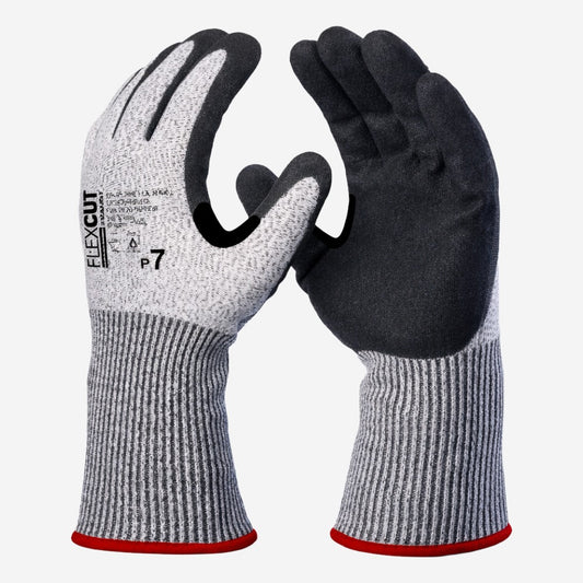 Luva de Proteção Anticorte Abrasão Altas Temperaturas Até 100º C PEAD Cinza Com Banho Nitrílico na Palma Preta Punho Longo Danny Flexcut DA-45.300L C.A 34000