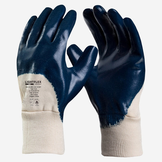 Luva de Proteção Óleos Graxas Abrasão Proteção Química Altas Temperaturas Até 100º C Algodão com Banho 3/4 Nitrílico Azul Danny Lightflex DA-25.500E C.A 14957