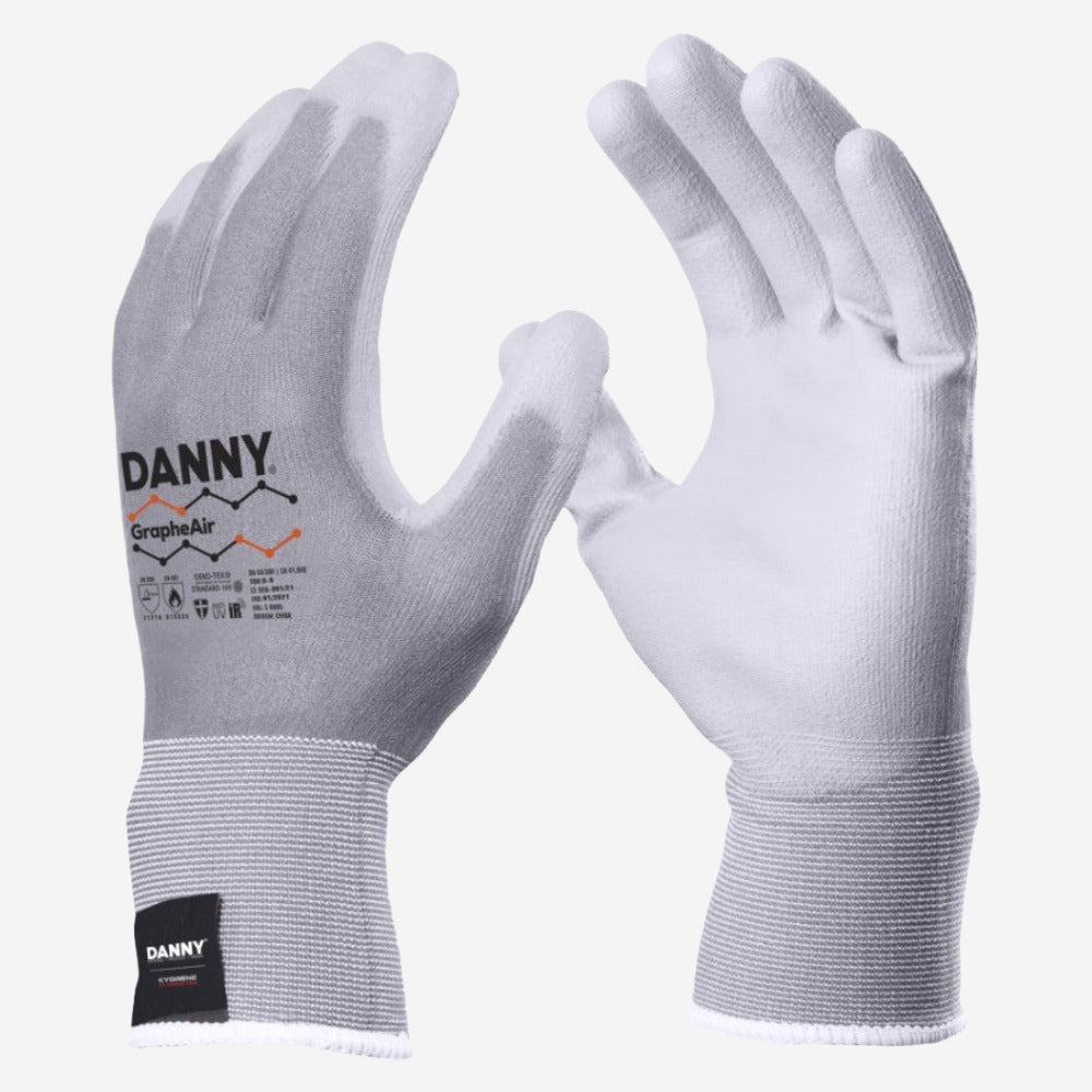 Luva de Proteção Abrasão Multitato Altas Temperaturas Até 100º C Grafeno Com Banho de PU na Palma Branca Danny GrapheAir DA-50.500 C.A 41998