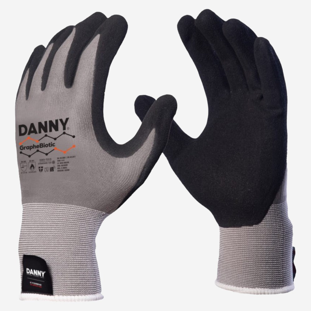 Luva Danny GrapheBiotic DA-50.000 cinza com nitrílico foam preto e reforço no polegar CA 42017