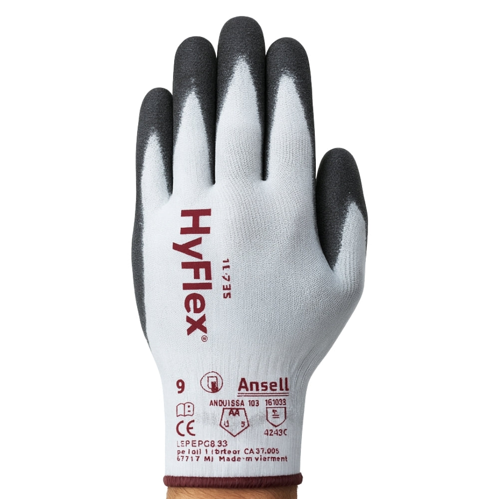 Luva de Proteção Anticorte Tricotada Poliuretano Cinza e Preta Ansell HyFlex 11-735 CA 37565
