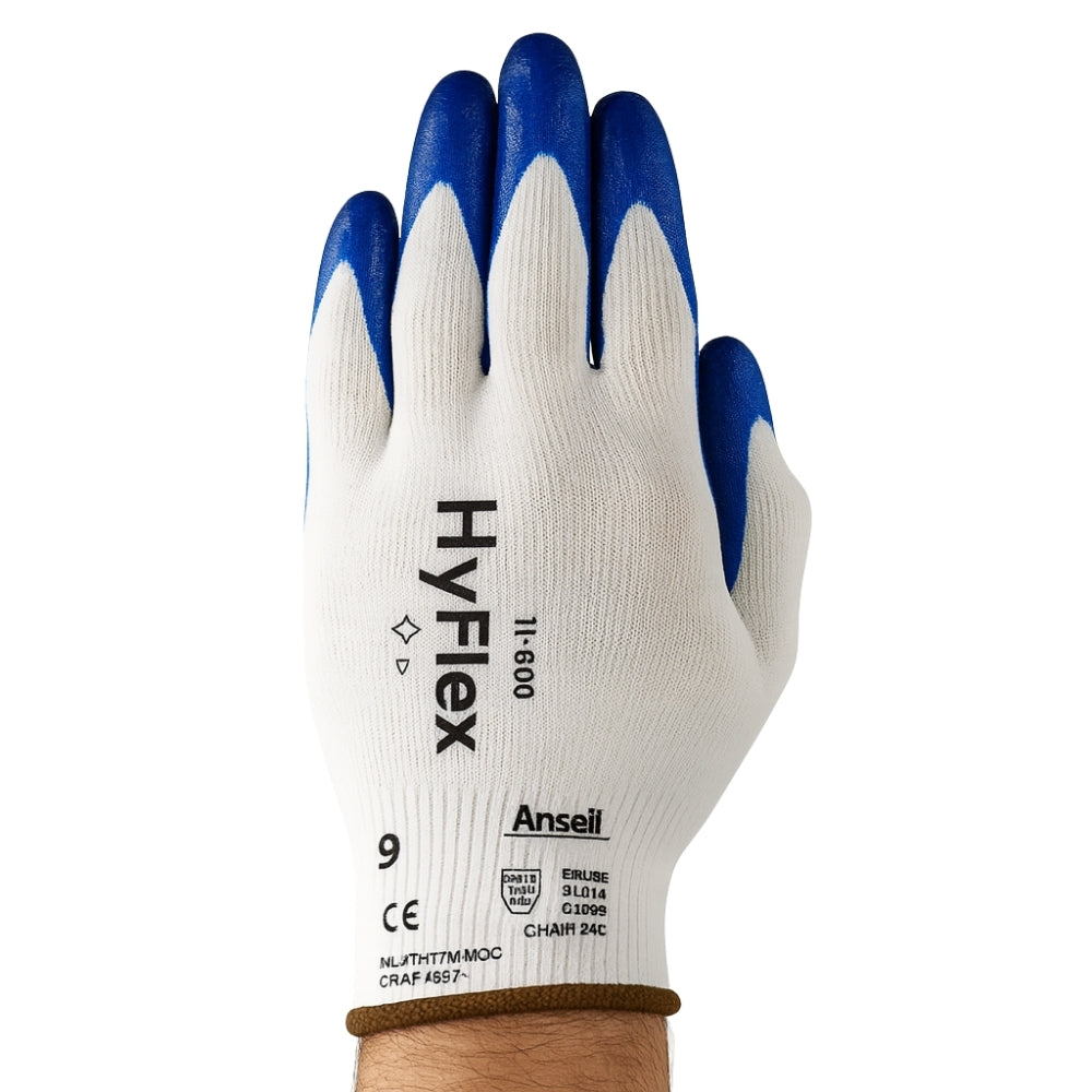Luva de Proteção Abrasão Óleo Tricotada Banho Nitrílico Palma Azul e Branca Ansell HyFlex 11-900 CA 14876