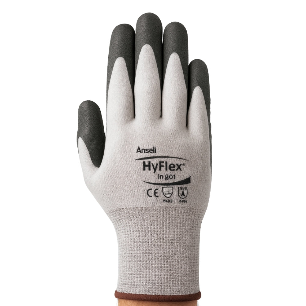 Luva de Proteção Abrasão Tricotada Poliamida Banho Nitrílico Cinza e Preta Ansell HyFlex 11-927 CA 33578