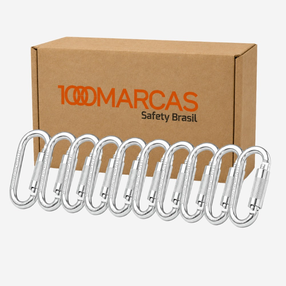 Kit 10 Unidades Mosquetão Oval com Fechamento em Rosca para Trabalho em Altura Conexões e Ancoragens Aço Prata 25kN Classe B 19±3mm MG Cinto MULT 5200